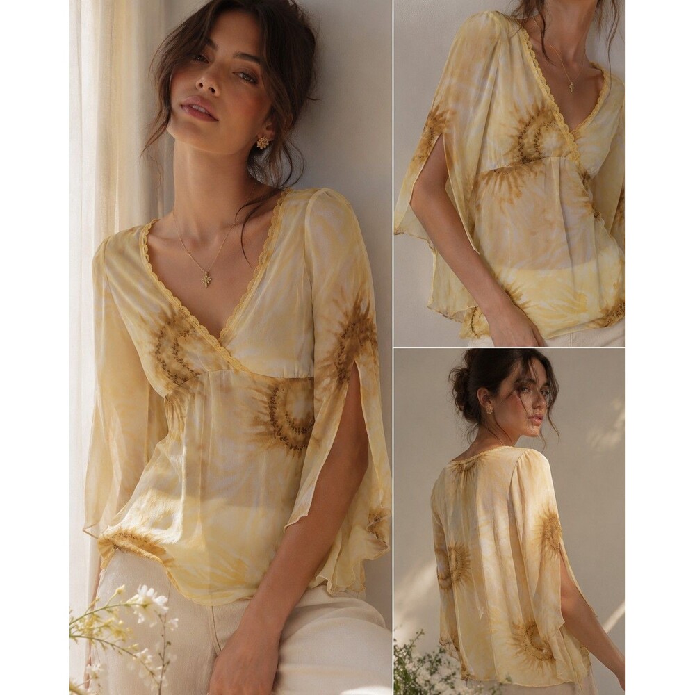 New Vintage Y2K Flowy Babydoll Top S Sunflower Shirt Romantic Ethereal Fairy - Picture 1 of 8